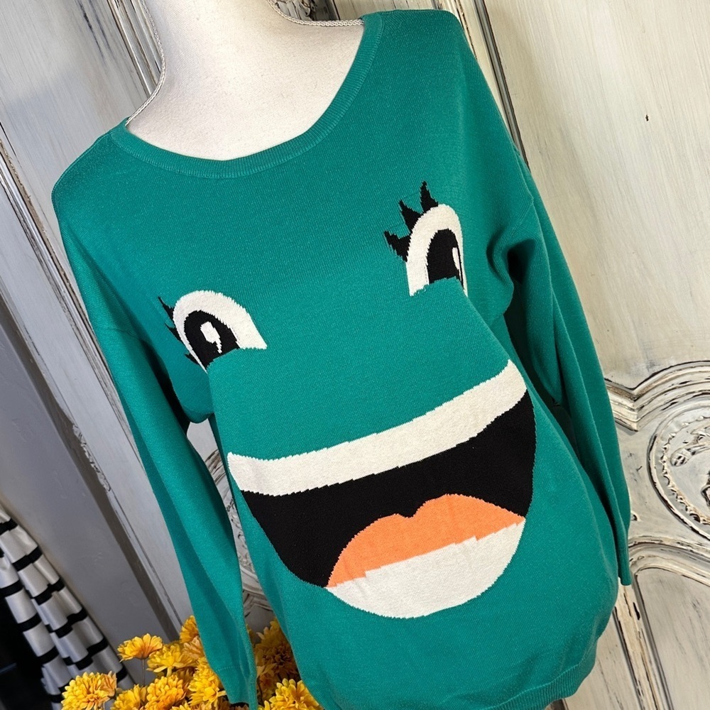 Y2K Teal Face Graphic Long Sleeves Sweater - Picture 2 of 8